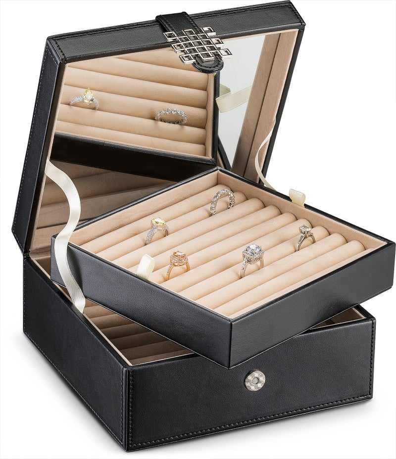 Glenor Co Ring Organizer Box - 108 Slot Classic Jewelry Display Holder - 2 Storage Trays with Modern Buckle Closure, Large Mirror - Holds Rings and Cufflinks - PU Leather Case - Black - Image 1